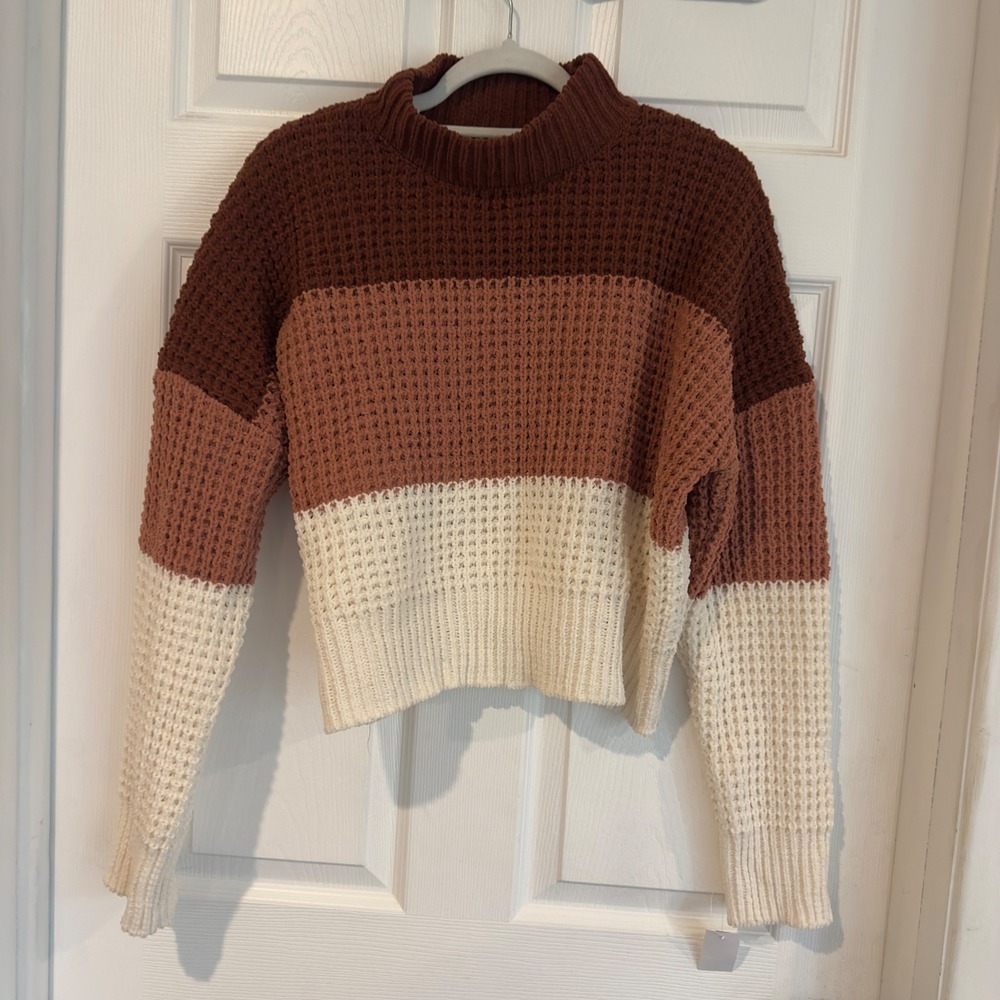 Pink Rose Womens Colorblock Waffle Knit Mock Neck Sweater XL Brown Pink Cream